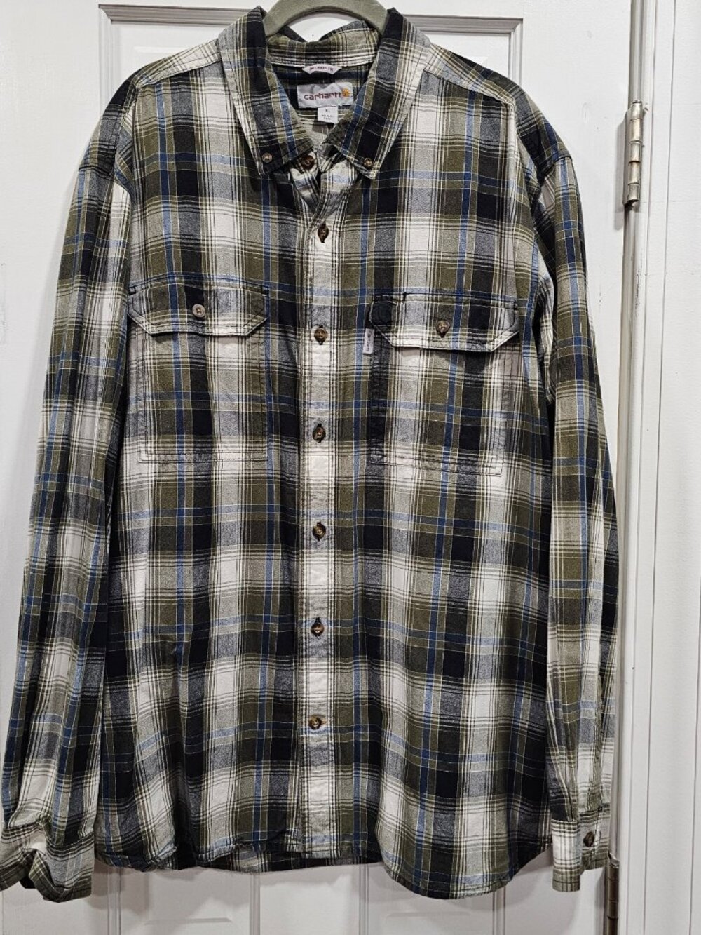 Carhartt Mens XL Relaxed Fit Flannel Shirt Olive Green Navy Plaid